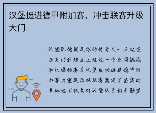 汉堡挺进德甲附加赛，冲击联赛升级大门